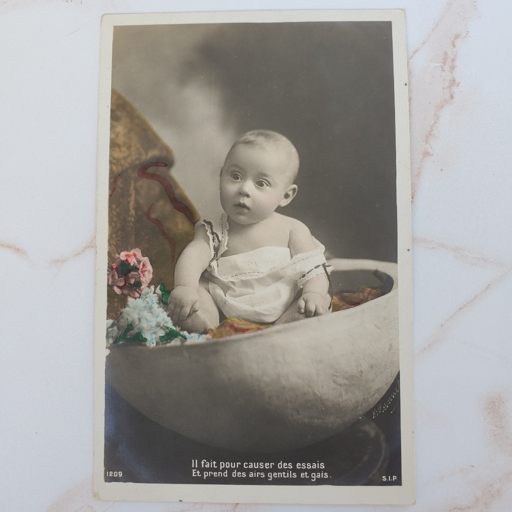 VINTAGE French? Baby themed, partially tinted postcard early 1920s EUC
